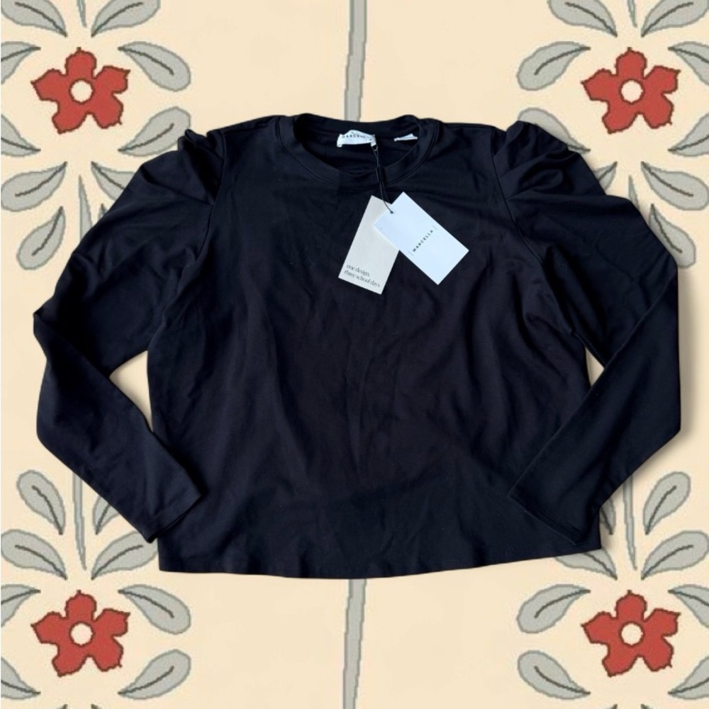 NWT Marcella Black Lya Puff-Sleeve Long-Sleeve Top